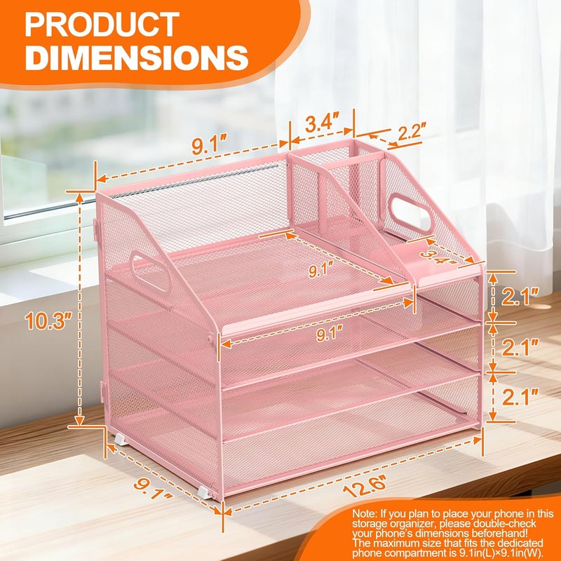 Docnest 4 Tier Metal Mesh Letter Tray - Space Saving Desk File Organizer with Handle, Pen Holder & Folder Holder - Desktop Document Sorter for Office, Home, School, Classroom - Pink - Image 2
